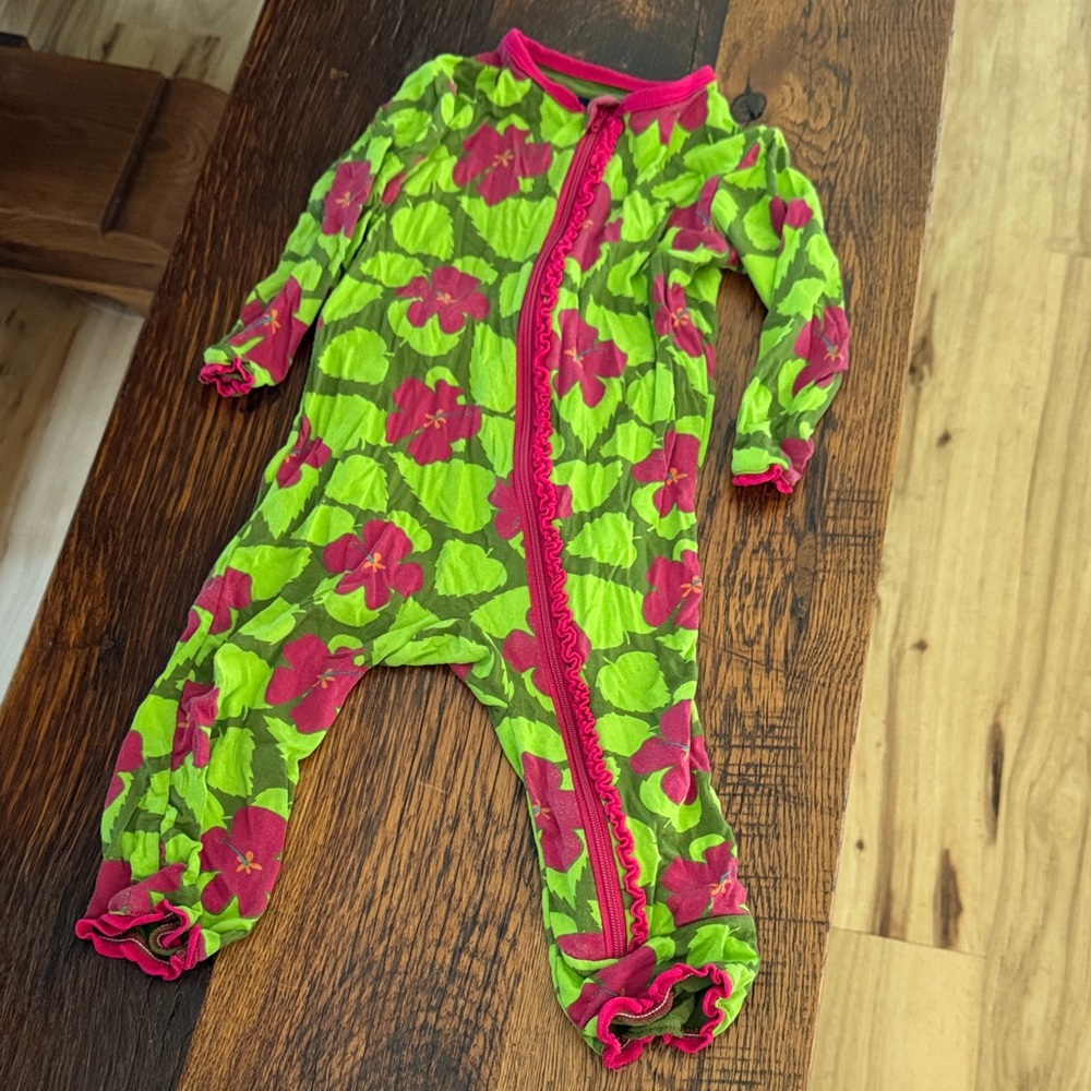 Kickee Pants Floral Footie - Lime Green and Fuchsia